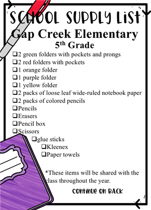 2019-2020 5th Grade Supply List 